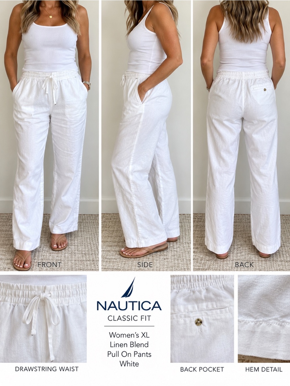 Nautica Women XL White Linen Blend Pants Classic Fit Pull On Drawstring Beach